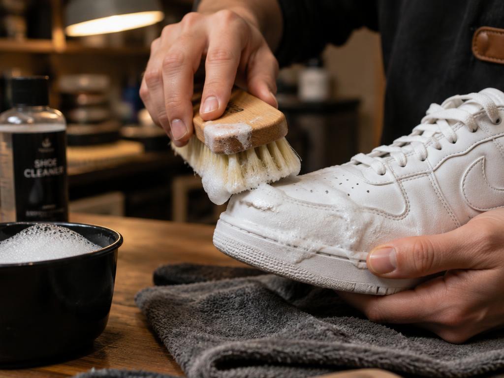 Hand cleaning a white sneaker with a soft brush and foam