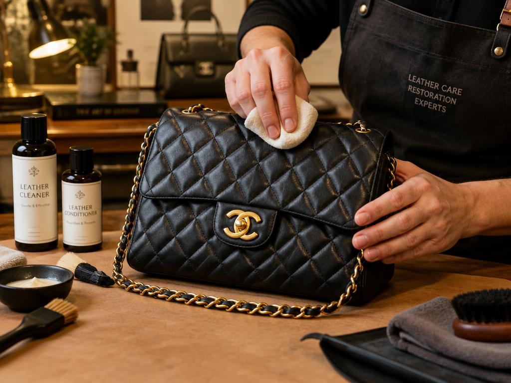Craftsperson restoring a quilted designer leather handbag