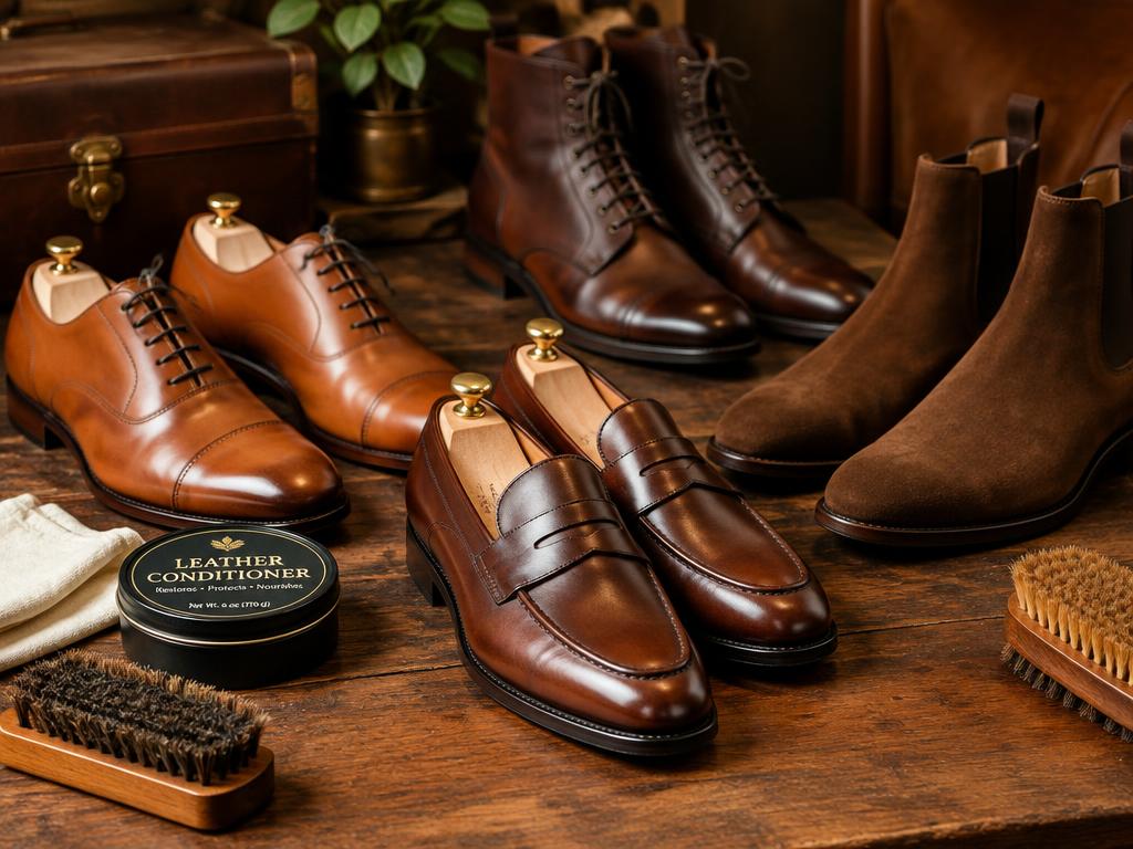 Collection of premium leather dress shoes, loafers and boots with care products