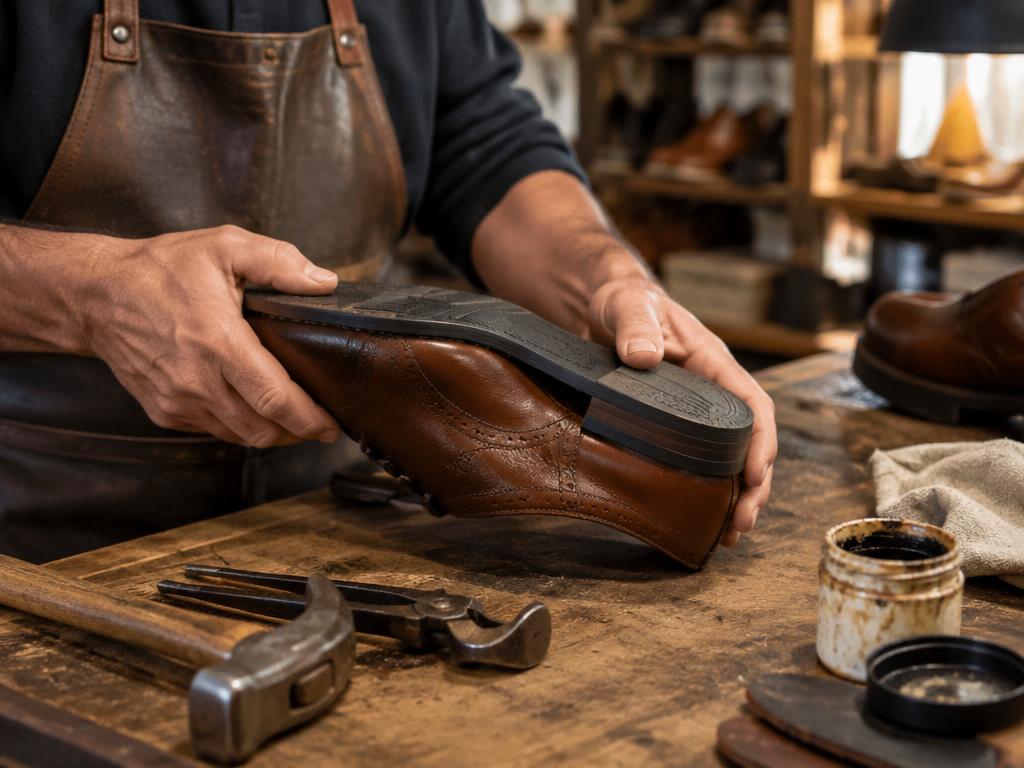 Cobbler repairing the sole of a leather boot