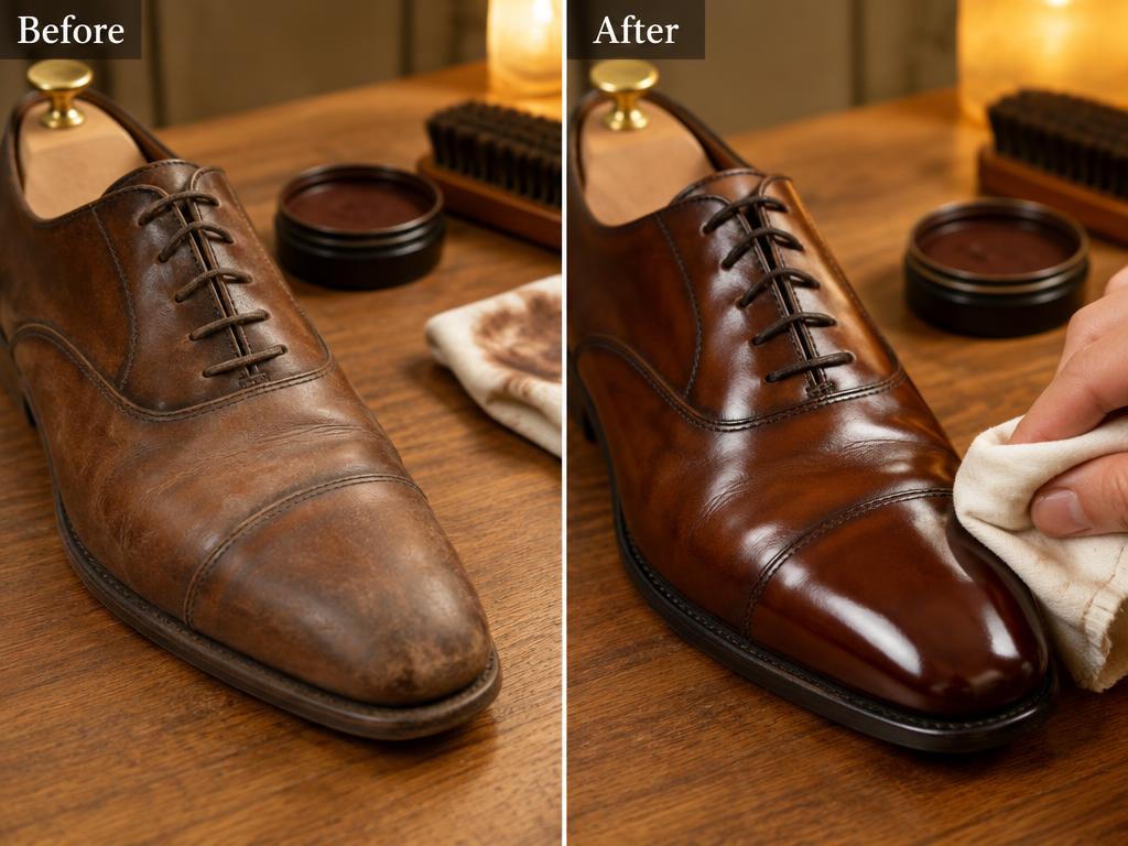 Before and after of a restored and polished leather dress shoe